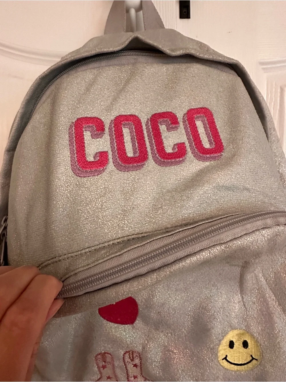 GAP Silver Glitter Kids Backpack with Pink COCO - custom embroidered